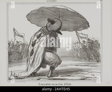 Daumier Honoré-Victorin. Un ombrello in una posizione difficile, la piastra 119 da Actualités. 1859. La Francia. Litografia in nero su bianco carta intessuta a questa caricatura date dai primi giorni della guerra Spanish-Moroccan, un conflitto tra i due paesi che è stata iniziata quando i soldati marocchini hanno attaccato una spagnola di detenuti fort in Marocco. La Francia ha offerto il suo aiuto in rispondendo e Daumier ha visto questo gesto come un assurdo cercare di ispirare francese di patriottismo e di guadagno di rilievo internazionale. Qui, il sultano del Marocco si accovaccia solo sotto il suo ombrello come masse di truppe convergono su di lui sia da s Foto Stock