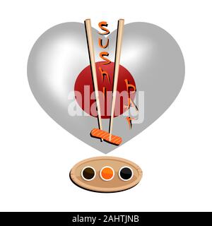 Sushi bar logo con bandiera giapponese. illustrazione vettoriale. Illustrazione Vettoriale