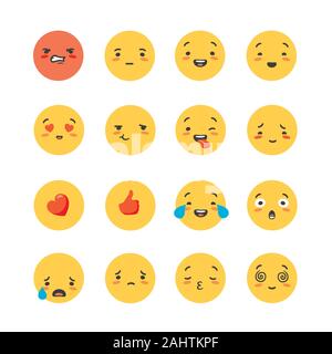 Set di rotondo giallo le emoticon e gli Emoji. Illustrazione Vettoriale