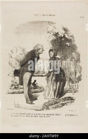 Daumier Honoré-Victorin. "- Mi dispiace di non riconoscere voi subito. Non ho potuto distinguere da tutte le altre rose!", piastra 55 da Tout ce qu'on Voudra. 1850. La Francia. Litografia in nero su carta velina avorio della carta con la stampa tipografica verso Foto Stock