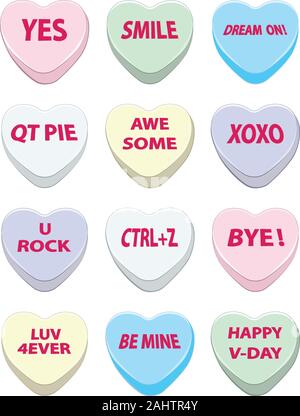 Il giorno di San Valentino bella caramelle e colorati di conversazione cuori. Illustrazione Vettoriale