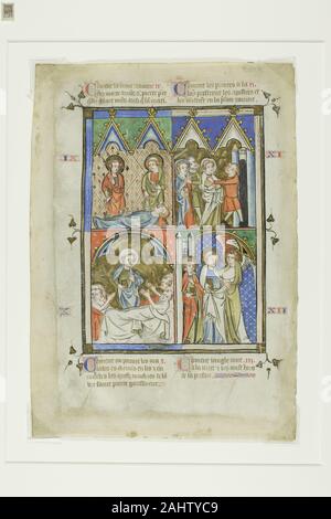 Scene di Miracoli di San Pietro, da una Bibbia Historiale o pittorica del Nuovo Testamento. 1345-1355. La Francia. Acquerello opaco, doratura mordente con la penna e il nero, il rosso e il blu inchiostro su pergamena Foto Stock