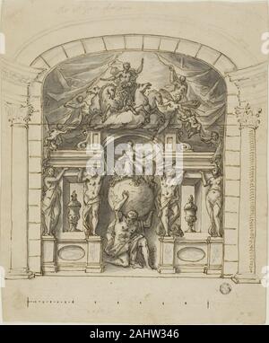 James Thornhill. Design per Scenografie (Hampton Court) con figure mitologiche. 1695-1734. In Inghilterra. Penna e inchiostro bruno con spazzola e grey wash, oltre la grafite, su tan di cui la carta Foto Stock