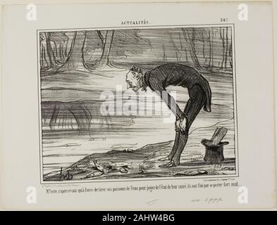Daumier Honoré-Victorin. Il sig. Coste notando che il pesce ha preso fuori dall'acqua al fine di analizzare il loro stato di salute, finiscono per non sentirsi bene a tutti, la piastra 387 da Actualités. 1857. La Francia. Litografia in nero su bianco carta intessuta Foto Stock