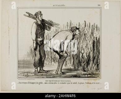Daumier Honoré-Victorin. Le preoccupazioni di un viticoltore. "- Abbiamo scampato il gelo..... tutti abbiamo ora a preoccupare è il sole, la pioggia, il vitigno-muffa e tutto il resto...", la piastra 397 da Actualités. 1857. La Francia. Litografia in nero su bianco carta intessuta Foto Stock