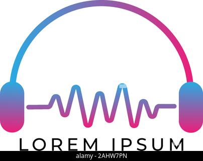 Cuffie audio & Logo Wave Design Concept, colorato Audio Logo Design Modello blu, magenta Colore Gradazione, lo spettro audio Visualization, EPS 10 Illustrazione Vettoriale