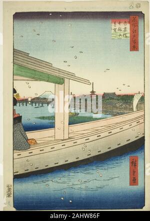 Utagawa Hiroshige. Vista in lontananza Azuma Bridge e Tempio Kinryuzan (Azumabashi Kinryuzan enbo), dalla serie di un centinaio di famose vedute di Edo (Meisho Edo hyakkei). 1857. Il Giappone. Colore stampa woodblock; oban Foto Stock