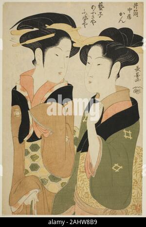 Eishosai Choki. Kan, una cameriera del Izutsuya e la geisha Fuseya del Ogiya. 1789-1799. Il Giappone. Colore stampa woodblock; oban Foto Stock