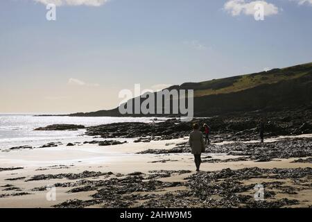 Beach-combing su Towan Beach, Roseland Peninsula, Cornwall, Regno Unito. MODELLO RILASCIATO Foto Stock