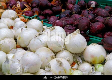 Verdure di stagione sono impilati in scatole presso il negozio di alimentari. Nelle vicinanze ci sono il giallo, bianco e le cipolle rosse. Prodotti naturali per la cottura di cibi sani. Foto Stock