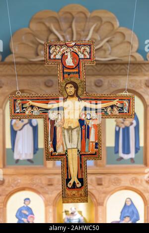 Crocifisso di San Damiano della Basilica Cattedrale di San Francesco di Assisi sul luogo della Cattedrale di Santa Fe, New Mexico Foto Stock