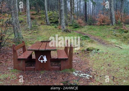 Picnic Panca e tavolo in foresta. Presa sul bagnato giornata invernale in Faskally boschi, Loch Dunmore vicino Pitlochry, Perthshire, Highlands scozzesi, REGNO UNITO Foto Stock