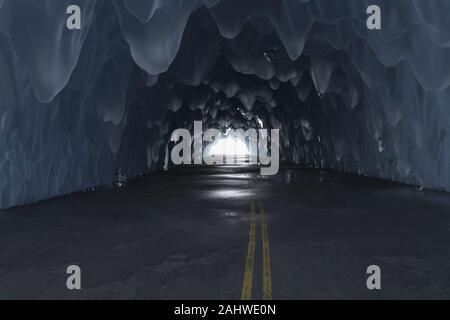 3D rendering di icy tunnel con la luce alla fine del tunnel Foto Stock