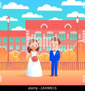 Bella e felice sposa e lo sposo su un giorno di nozze a piedi nella soleggiata città di autunno. In giro per la casa e gli alberi di giallo. Vettore illustrazione del fumetto. Illustrazione Vettoriale