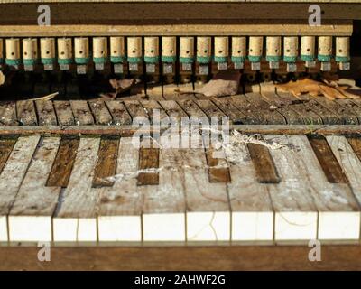 Primo piano sui dettagli del relitto di una vecchio pianoforte nel bel sole Foto Stock