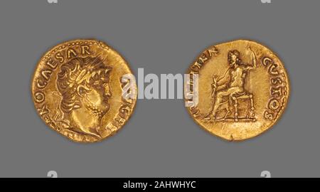 Antico romano. Aureus (moneta) raffigurante l'imperatore Nerone. 67 AD-68 D.C. Roma. Oro testa complementare di Nero a destra, laureate, leggera barba visibleReverse Giove in trono a sinistra, thunderbolt nella mano destra lo scettro nella sinistra Foto Stock
