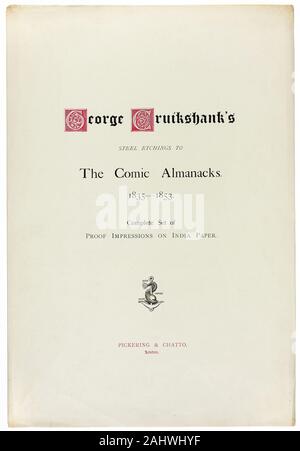 George Cruikshank. Pagina del titolo da George Cruikshank di incisioni in acciaio per il fumetto Almanacks 1835-1853. 1880. In Inghilterra. La stampa tipografica in rosso e nero e crema su carta intessuta, piegato Foto Stock