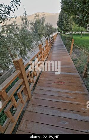 Passerella in legno recintato-Crescent Moon Lake o Yueyaquan-Mingyue tempio. Dunhuang-Gansu-Cina-0678 Foto Stock