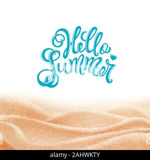 Bella spiaggia tropicale con luce solare sfondo, vacanze estate concetto. Illustrazione Vettoriale con realistica sabbia e nuvole. Illustrazione Vettoriale