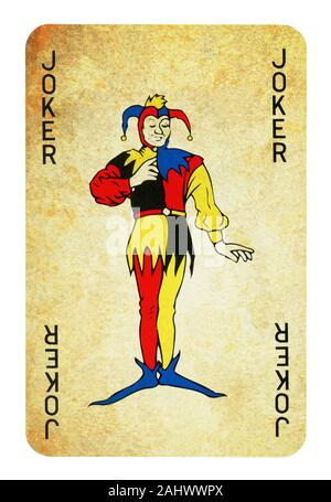 Joker Vintage carta da gioco - isolato su bianco (percorso di clipping incluso) Foto Stock