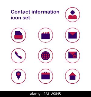 Un insieme di informazioni di contatto icone. Pulsanti icona vettore set. comunicazione collezione di simboli, disegni vettoriali. e-mail, indirizzo, home, utente, telefono, tel Illustrazione Vettoriale