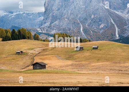 Bella montagna chalets in legno presso la famosa Alpe di Siusi valle sulle Dolomiti, Alto Adige in Italia Foto Stock