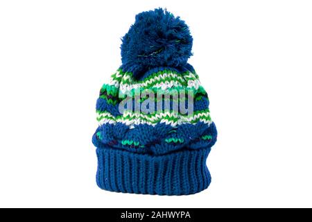 Blue sci invernale knit hat bianco isolato Foto Stock