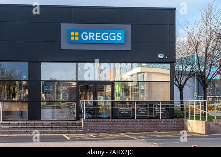 CHESTER, Regno Unito - Dicembre 25th, 2019: Greggs panificio negozio parte anteriore Foto Stock