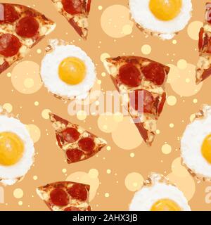 Fette di pizza con salsiccia per pizza, formaggio e uova fritte, fast food seamless pattern. Colazione pasto oleoso sfondo ripetitivo. Illustrazione Vettoriale