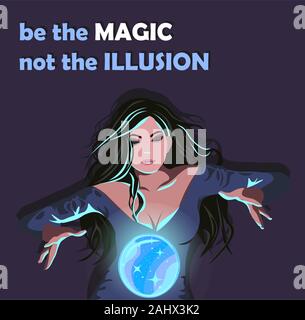 Brunette strega in un vestito medievale facendo un magico mondo di levitare. Donna con una rutilante sfera di cristallo poster illustrativi con un preventivo. Illustrazione Vettoriale
