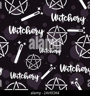 Fascino seamless pattern con bacchette magiche e pagana satanica pentacolo. Illustrazione Vettoriale