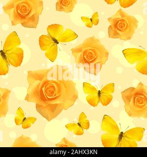 Rosa gialla fioritura e volare farfalle, seamless pattern. Ripetitivo sfondo floreale di un giardino soleggiato Illustrazione Vettoriale