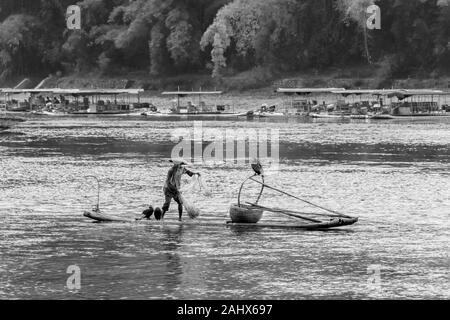 Pescatore cormorante che getta una rete gettata nel fiume li vicino Xingping, provincia Guangxi, Cina Foto Stock