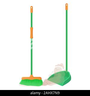 Cartoon scopa in plastica e scoop set. Scopa spazza la polvere e lo sporco. I lavori domestici, i servizi di pulizia per uso domestico,,concetto. Attrezzature per la pulizia dell'elemento Illustrazione Vettoriale