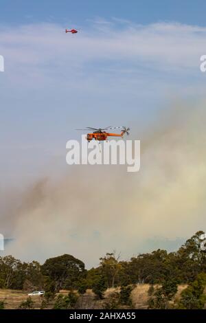 Erickson Air Crane elicottero N243AC (Sikorsky S-64) volare contro pennacchi di fumo durante la lotta contro gli incendi di bush in Victoria, Australia. Foto Stock