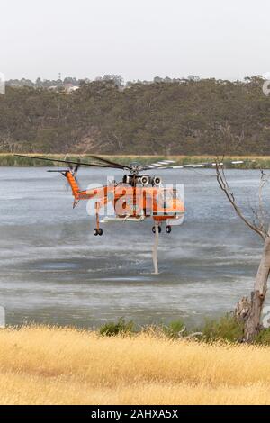 Erickson Air Crane elicottero N243AC (Sikorsky S-64E) aspirare un carico di acqua per la lotta contro un bushfire nel sobborgo di Melbourne di Bundoora. Foto Stock