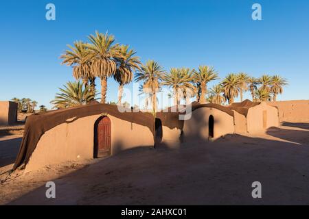 Campeggio di lusso con la tenda nel deserto tra le dune di sabbia. Beautifil giornata soleggiata nel Sahara Marocco sfondo pittoresco concetto Natura Foto Stock