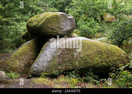 Le Chaos de Rochers o il caos di rocce - accozzaglia di centinaia di grandi massi nella foresta di Huelgoat, Bretagna Francia Foto Stock