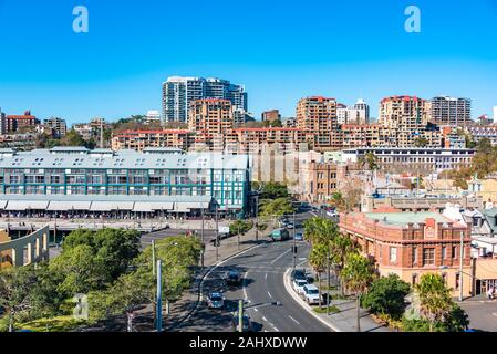 Sydney, Australia - 3 Luglio: Woolloomooloo e Potts Point quartieri storici di Woolloomooloo wharf e Bells hotel vista aerea Foto Stock