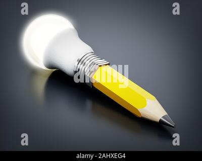 Matita con lampadina accoppiati su sfondo nero. 3D'illustrazione. Foto Stock