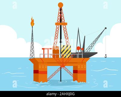 Illustrazione di una piattaforma petrolifera in mezzo al mare Foto Stock