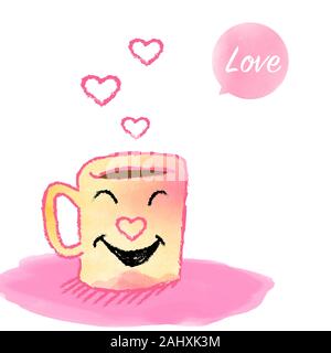 Coppa del sorriso caldo il caffè in stile acquerello con il cartoon doodle disegnato a mano per il giorno di San Valentino, romantico card o banner web - illustrazione vettoriale Illustrazione Vettoriale