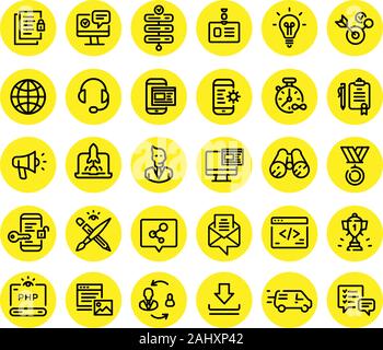 Icone sul tema della tecnologia informatica e di comunicazione e marketing. Vettore. Set di icone per web design e lo sbarco. Segni e simboli di co Illustrazione Vettoriale