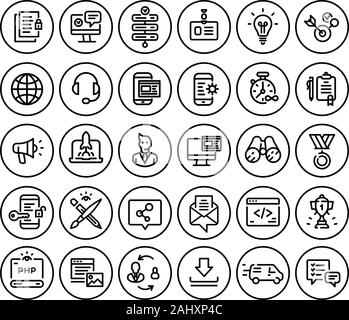 Icone sul tema della tecnologia informatica e di comunicazione e marketing. Vettore. Set di icone per web design e lo sbarco. Segni e simboli di co Illustrazione Vettoriale