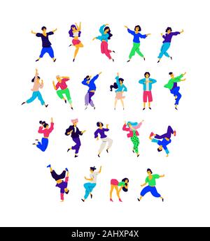 Un gruppo di persone di ballo in diverse pose e di emozioni. Vettore. Illustrazioni di uomini e donne. In stile appartamento. Un gruppo di adolescenti di felice sono dancing Illustrazione Vettoriale