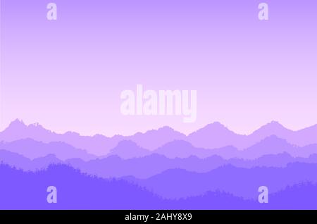 Violetta paesaggio di montagna con la nebbia e la foresta da differenti livelli,- illustrazione vettoriale Illustrazione Vettoriale