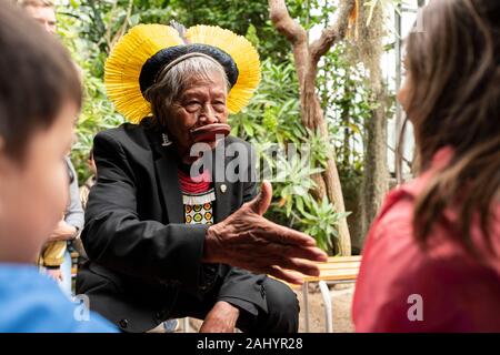 Lione (69), il Martedì, 28 Maggio 2019 : Raoni Metuktire, uno dei grandi capi del popolo Kayapo, un brasiliano gruppo indigeno da Capoto Jarina, Foto Stock