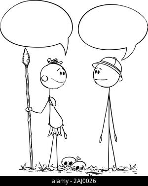 Vector cartoon stick figura disegno illustrazione concettuale del cannibale nativo uomo che parla con la Comunità o il viaggiatore occidentale o turistico. Illustrazione Vettoriale