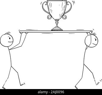 Vector cartoon stick figura disegno illustrazione concettuale di due uomini di successo o uomini di affari che trasportano o azienda grande vincitore trofeo o la vittoria di coppa di ricompensa. Concetto di business di successo. Illustrazione Vettoriale