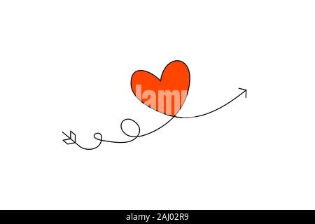 Cupido s freccia nel disegno continuo di linee a forma di cuore e il testo amore in un appartamento di stile. Linea nera continua. Lavoro design piatto Illustrazione Vettoriale